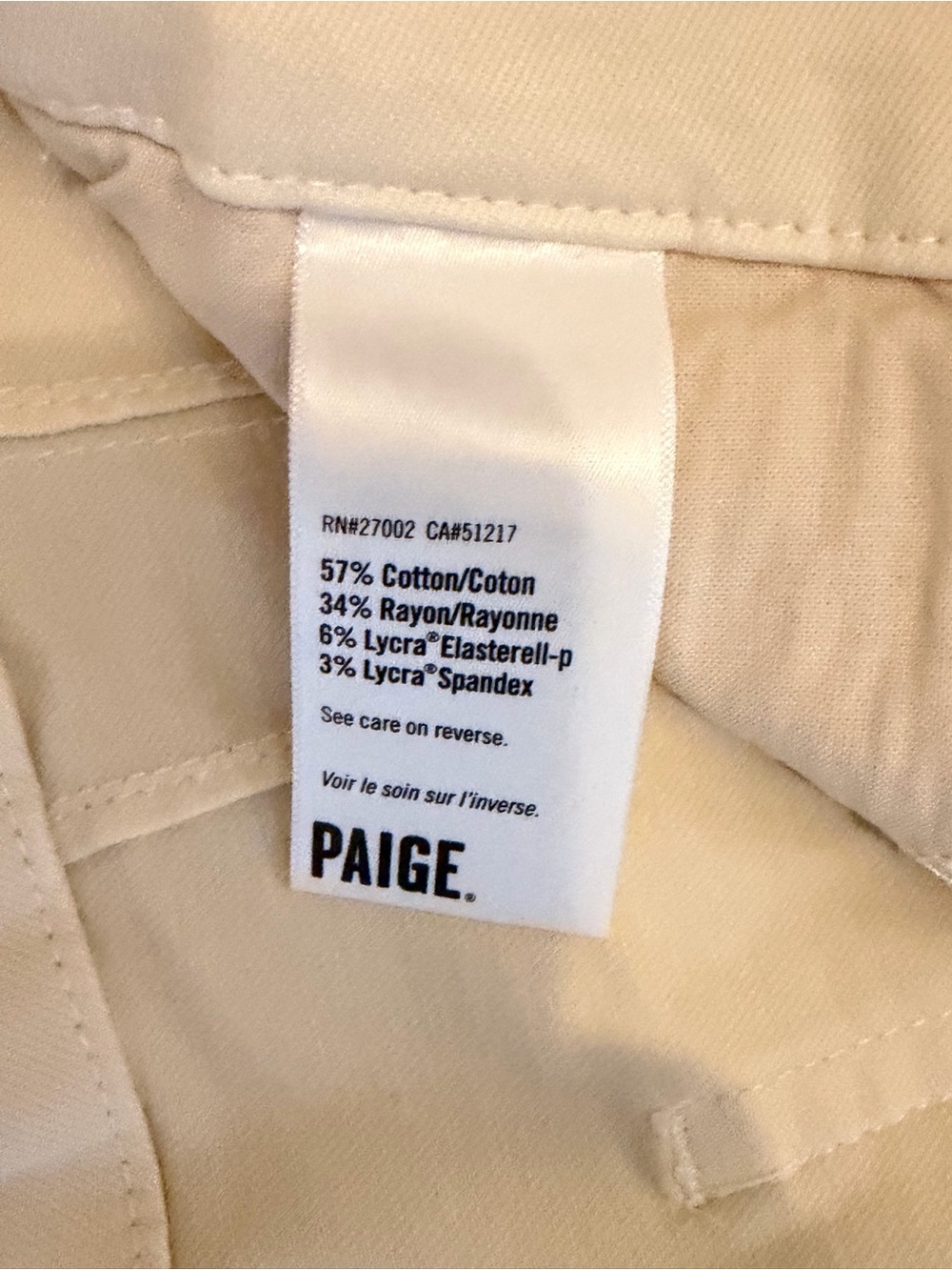 PAIGE Cream Fabric Care Label